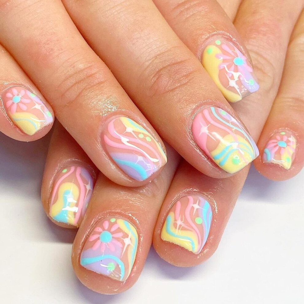 Short Square Rainbow Press On Nails Set for Women, Reusable Acrylic Fake Nail Kit