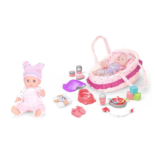 Berço para boneca Imaginary Play, conjunto de boneca de vinil com vestido de verão combinando para bonecas de 35 cm (14 polegadas), design lavável 1