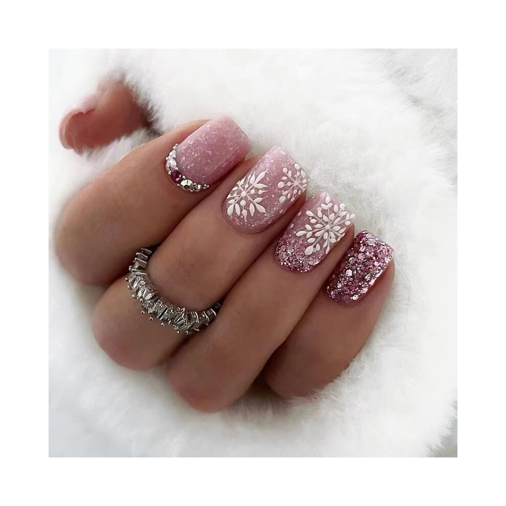Christmas Press On Nails Short Square Fake Nails with Snowflake Rhinestone Design 24pcs Set