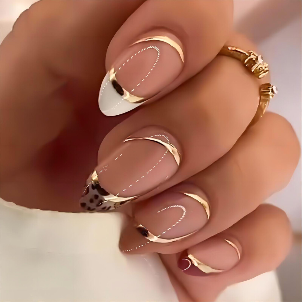Short French Tip Press On Nails Leopard Print with Golden Lines Reusable Acrylic Fake Nails 24PCS