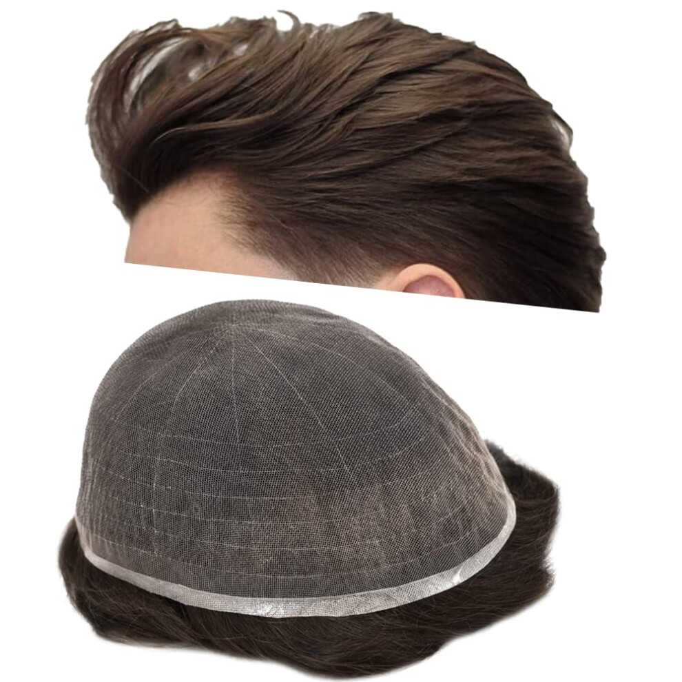Unisex Brown Men's Toupee Human Hair Hairpiece With Natural Hairline, Swiss Lace 8X10 Dark #3
