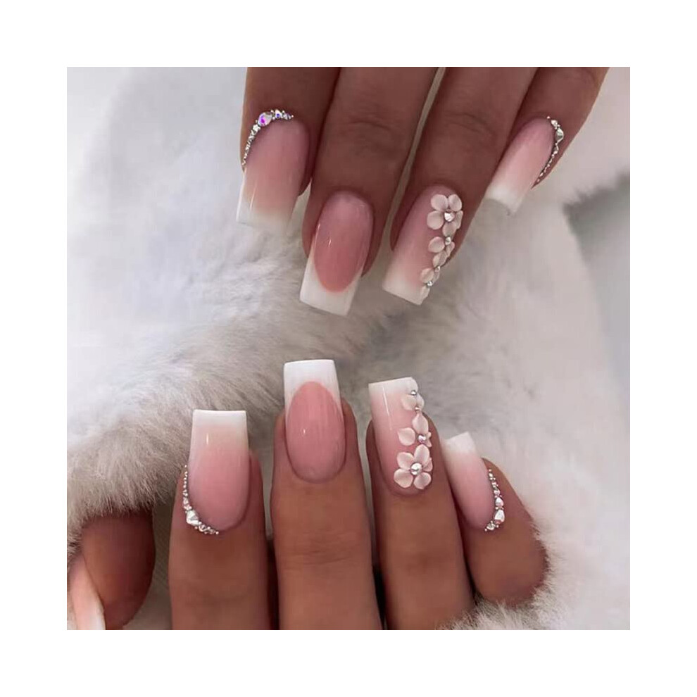 Pink,White Pink Square Press On Nails With White Flower Rhinestones, Medium Length Glossy Fake Nails 24Pcs