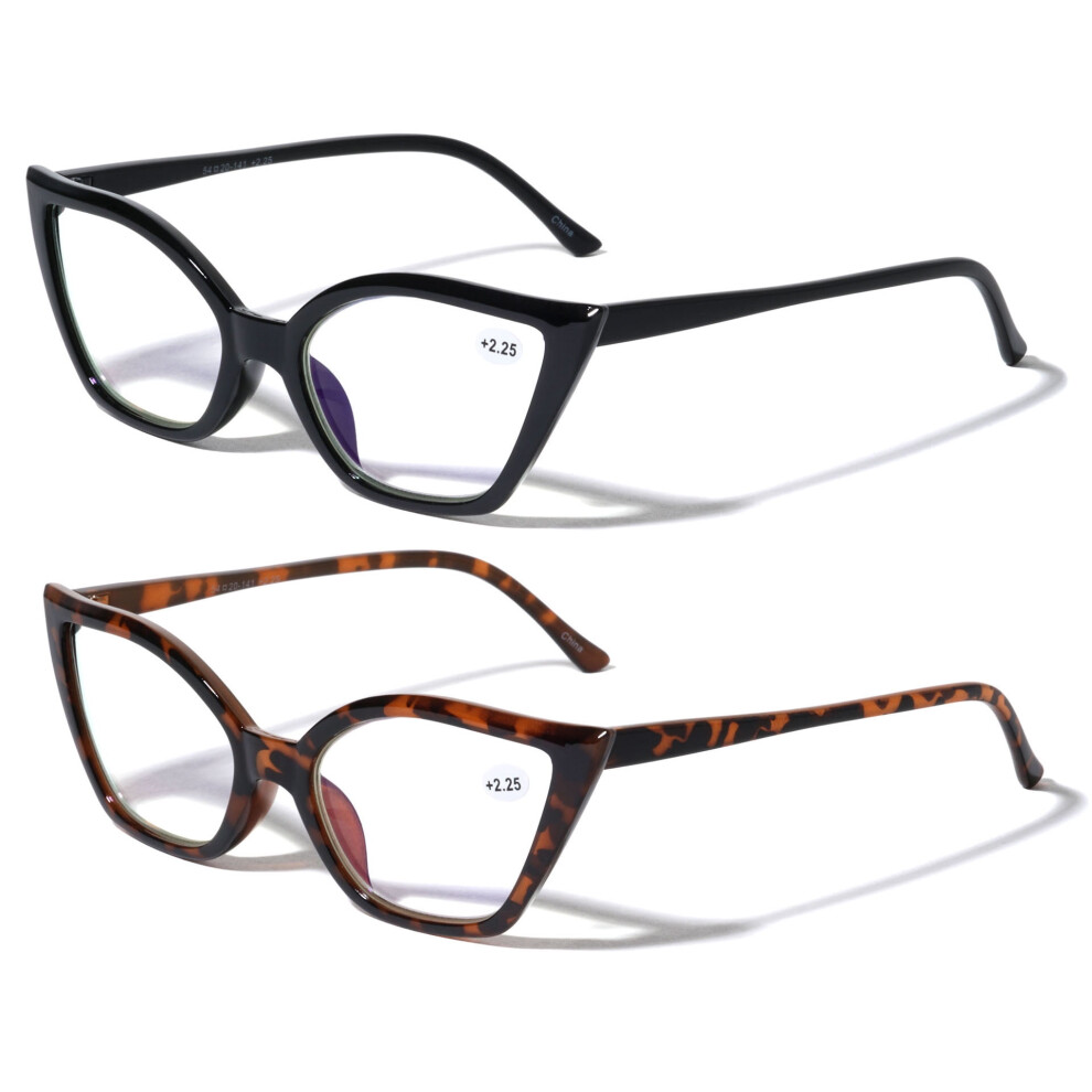 2 Pairs Women Pointed Tip Cat Eye Anti-Blue Reading Glasses - Clear Lens UV Protection Computer Readers +1.50