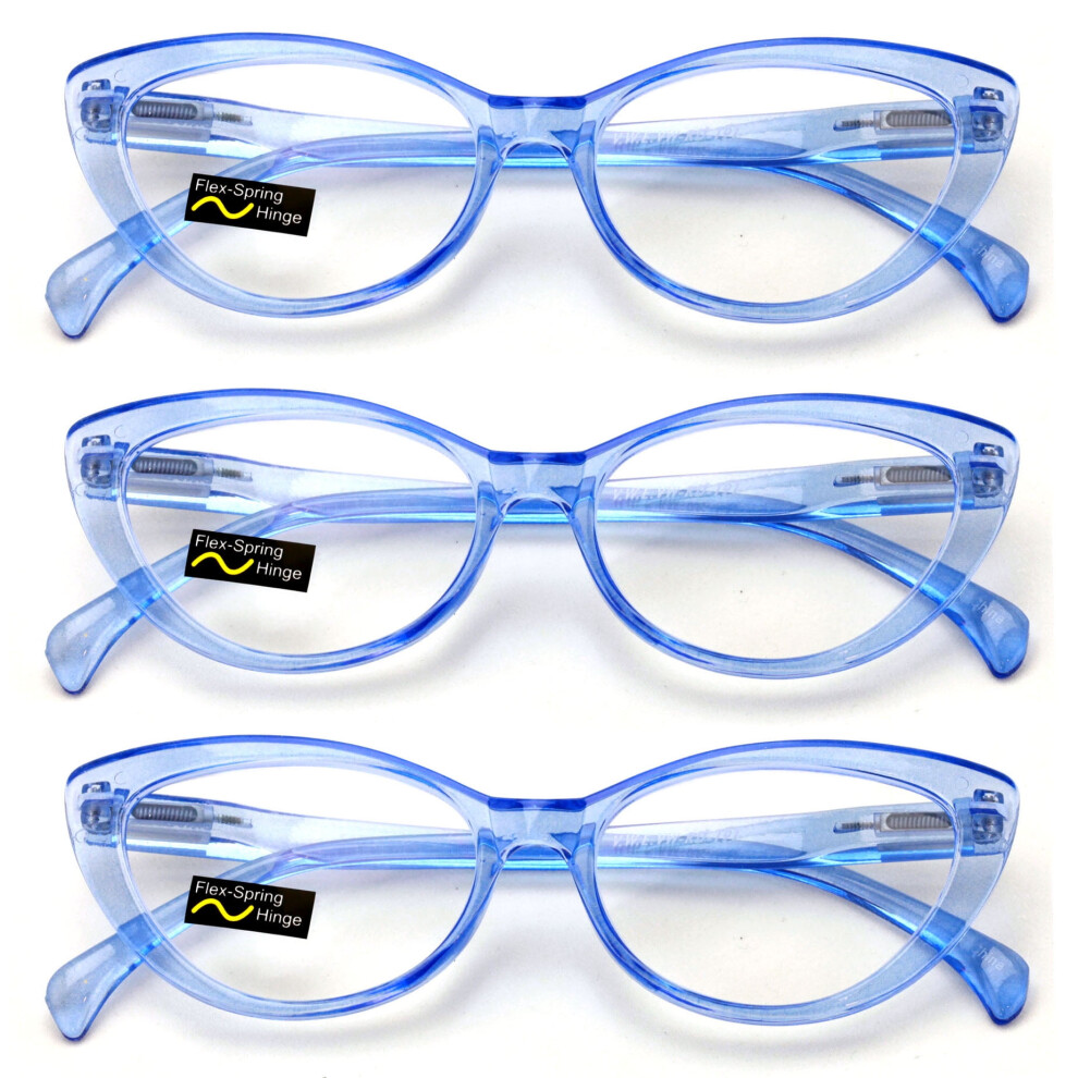 Blue 3 Pairs Lot Women Cat Eye Clear Readers Reading Glasses - Cateye