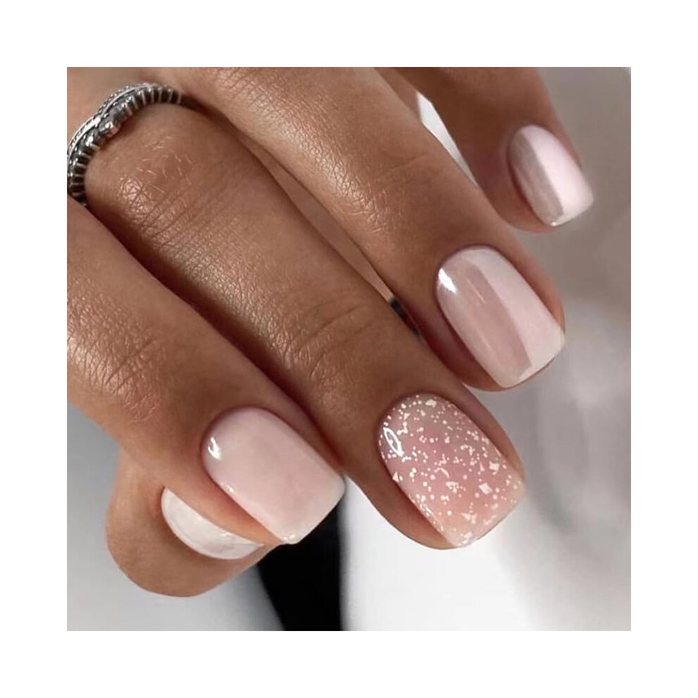 Cream Short Square Press On Nails Nude Pearlescent Glitter Fake Nails Reusable Glue On Nail Tips 24Pcs