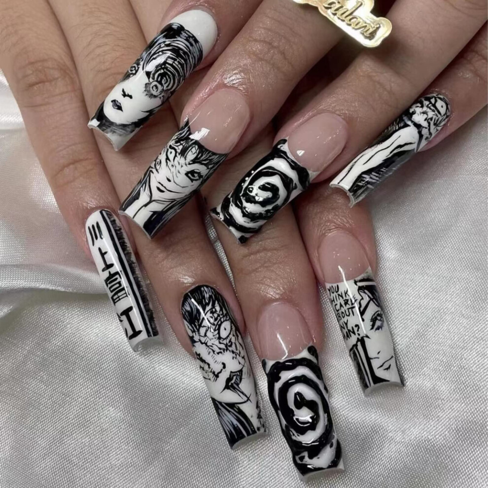 Long Coffin Press On Nails Set Black White Swirl French Tip Fake Nails Reusable Acrylic Kit 24Pcs