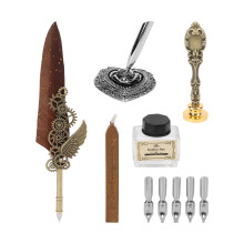 Feather Pen Set Calligraphy Fountain Dip Feather Pen Vintage Signature Pen Luxury Gift Set Mechanical Gear Design Premium Writing Tool with Non Toxic