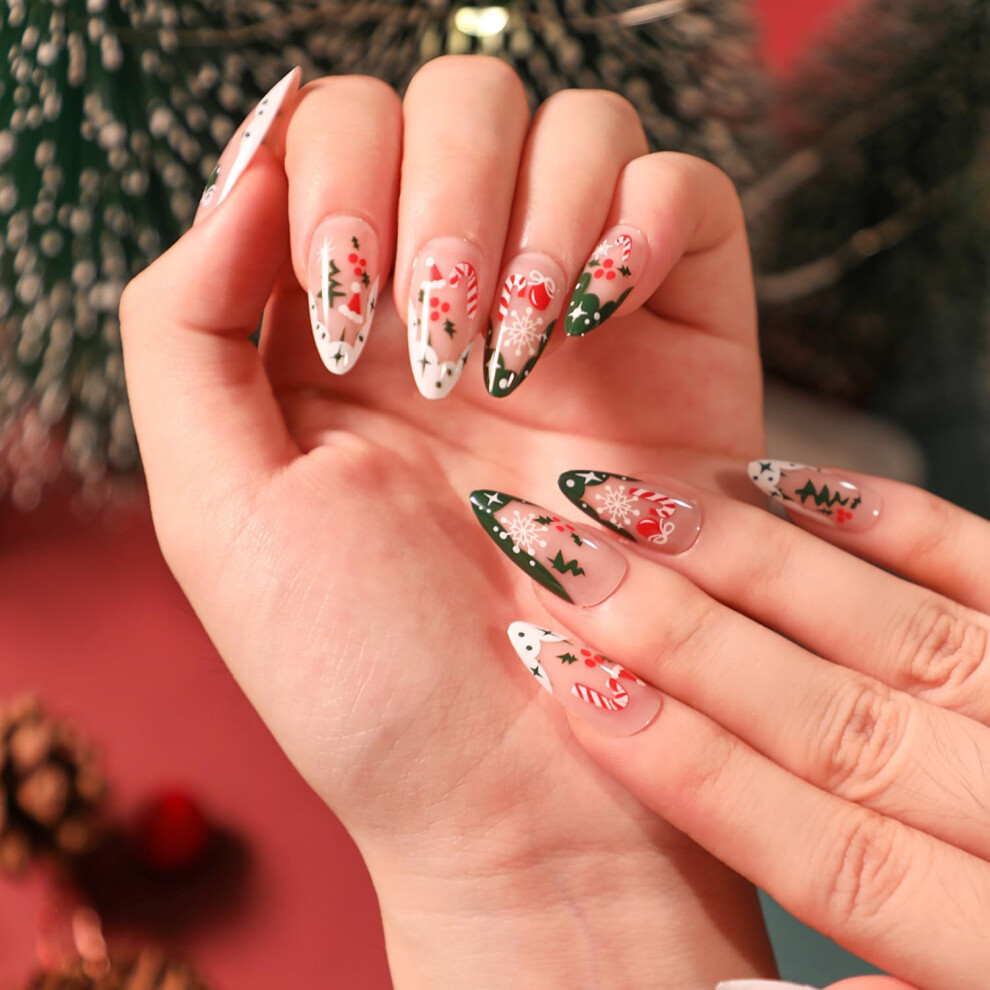 Christmas Almond Press On Nails Medium Snowflake Santa Design Reusable Glossy False Nail Set