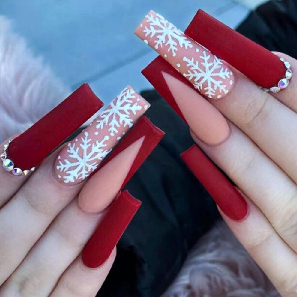 Red Christmas Long Coffin Press On Nails With Snowflake Rhinestones, 24Pcs Acrylic Glue On Set