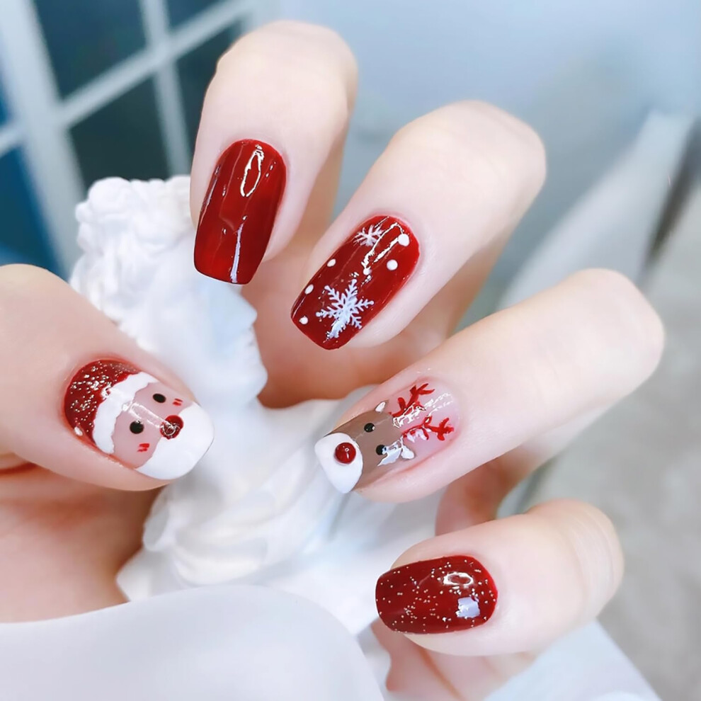 Red Christmas Press On Nails Snowflake Santa Claus Reindeer Medium Square Acrylic Reusable 24Pcs
