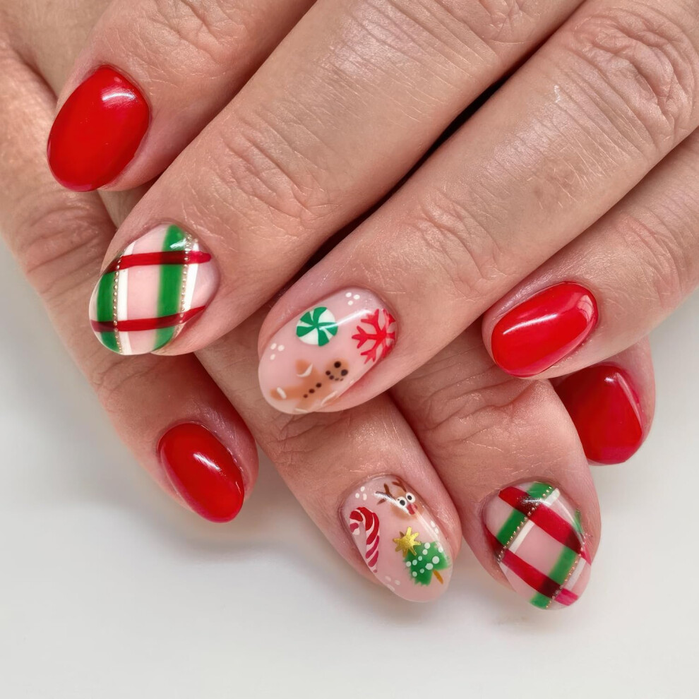 White,Red Christmas Press On Nails Short Almond 24Pcs Red And White Candy Cane Fake Acrylic Nails Reusable Salon Quality