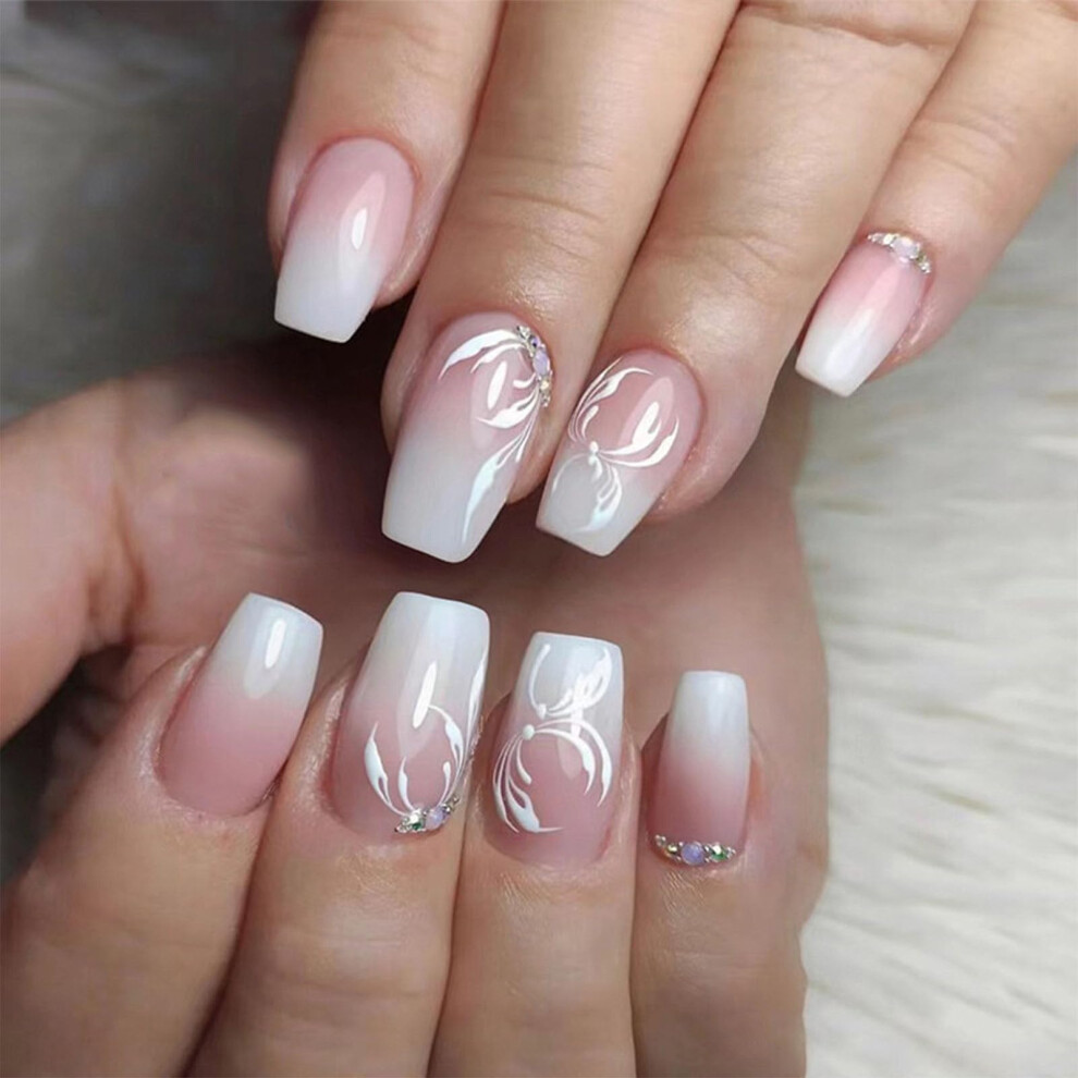 White Short Coffin Press On Nails Gradient With Flower Rhinestones Salonstyle Reusable 24Pcs