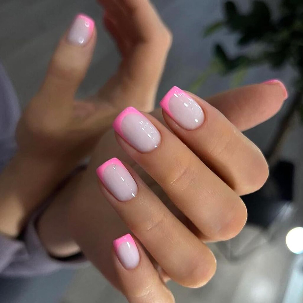 Hot Pink Press On Nails Short Acrylic Fake Nails Reusable Glue On Set Instant Salon Look 24Pcs