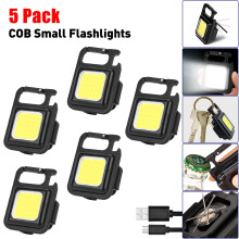 Kit com 5 lanternas COB, 800LM, recarregáveis, para chaveiro, com base magnética e abridor de garrafas, compatíveis com atividades ao ar livre.