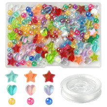 DIY Stretch Bracelet Making Kit with Heart Star Round Acrylic Beads, Elastic Thread, 200Pcs/box (6~10x3~6mm, Hole 1~1.5mm)