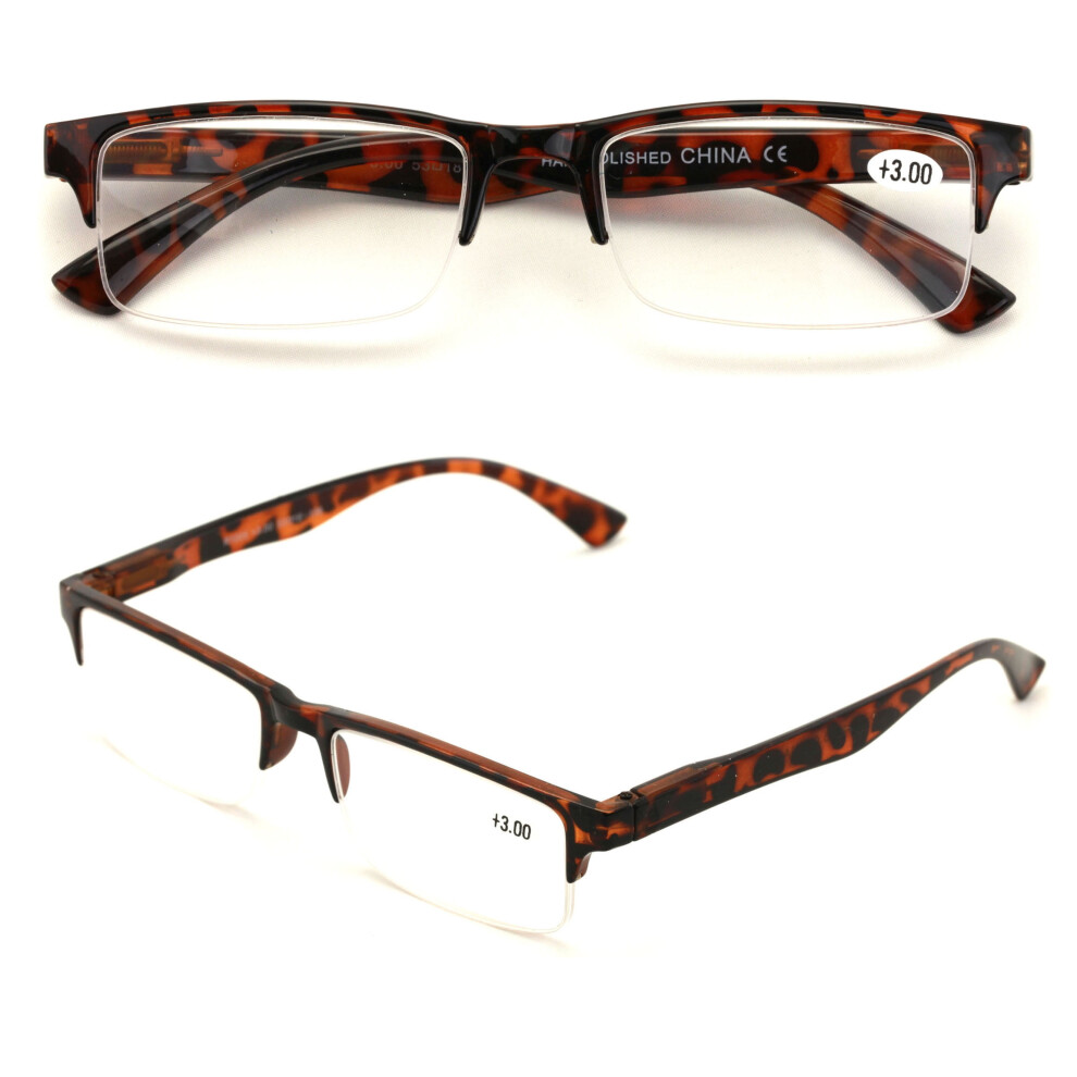2 Pairs Rectangular Half Rim Reading Glasses - Simple Classic Readers - Spring Hinge +2.50