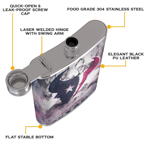 Texans Flagon Hip Flask για άνδρες, φιάλη τσέπης από ανοξείδωτο ατσάλι 8oz, κατάλληλη για 2