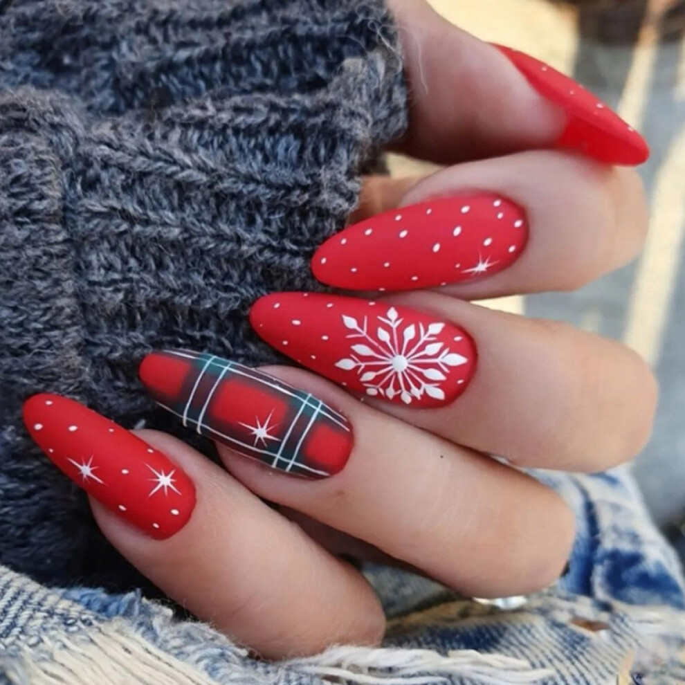 Red Holiday Matte Almond Press On Nails With Glue, Reusable Fake Nails For Women 24Pcs