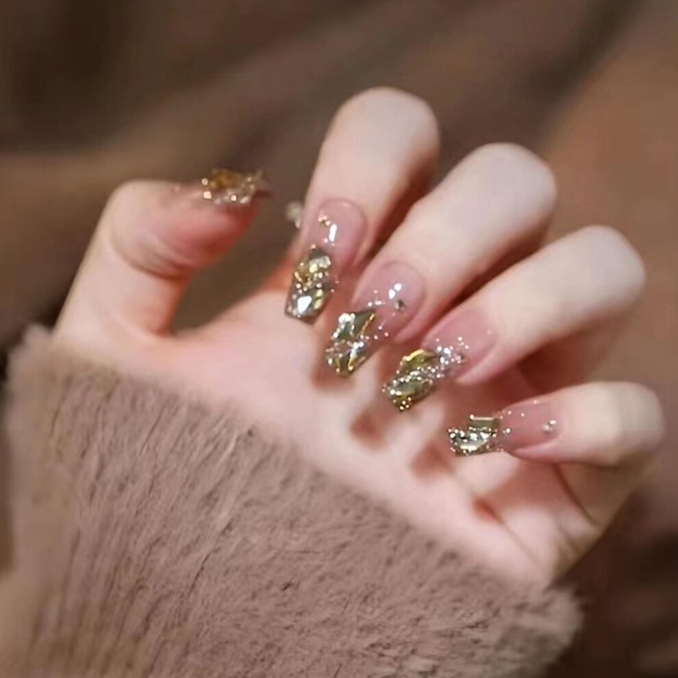 Gold Rhinestone Press On Nails 24Pcs Long Almond Shape Glossy French Style Fake Nails