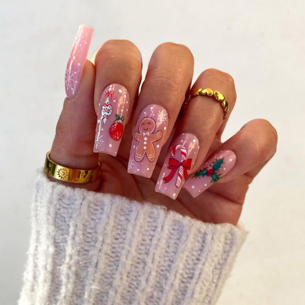 Long Coffin Christmas Press On Nails Snowflake Santa Gingerbread Acrylic False Tips with Glue