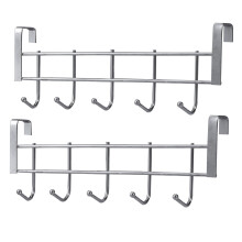 2pcs Wall Mounted Hook Rack Over the Door Stainless Steel Hook Rack with 5 Hooks for Kitchen Toilet Bedroom Bathroom (Silver)