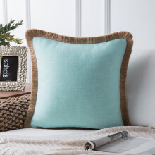 Phantoscope Linen Tassel Trimmed Farmhouse Series Decorative Throw Pillow, 18" x 18", Light Blue, 1 Pack