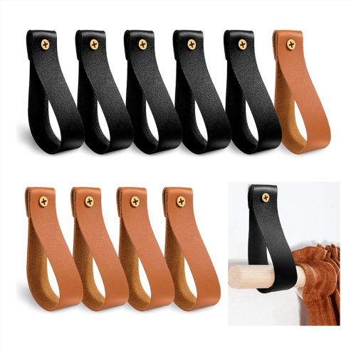 10Pcs Leather Curtain Rod Holder,Leather Bracket,PU Loop Strap for Wood Rod,Strap Wall Hooks 1