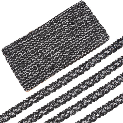 12Yds5/8" Μεταλλική ασημένια πλεξούδα δαντέλας, μαύρη κύλιση κυματιστή κορδέλα