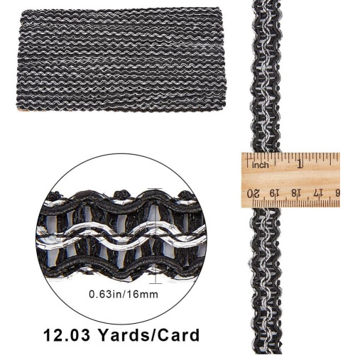 12Yds5/8" Μεταλλική ασημένια πλεξούδα δαντέλας, μαύρη κύλιση κυματιστή κορδέλα 1