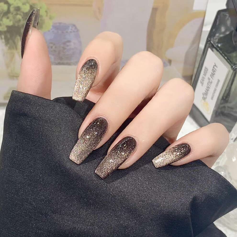 Dark/Brown Long Coffin Press On Nails Cat Eye Gradient Fake Nails With Glitter Reusable Manicure