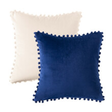 Phantoscope julepudesæt med dekorative pyntepuder, Pom Pom-fløjlsbetræk, 45 x 45 cm, marineblå og off-white, 2-pak