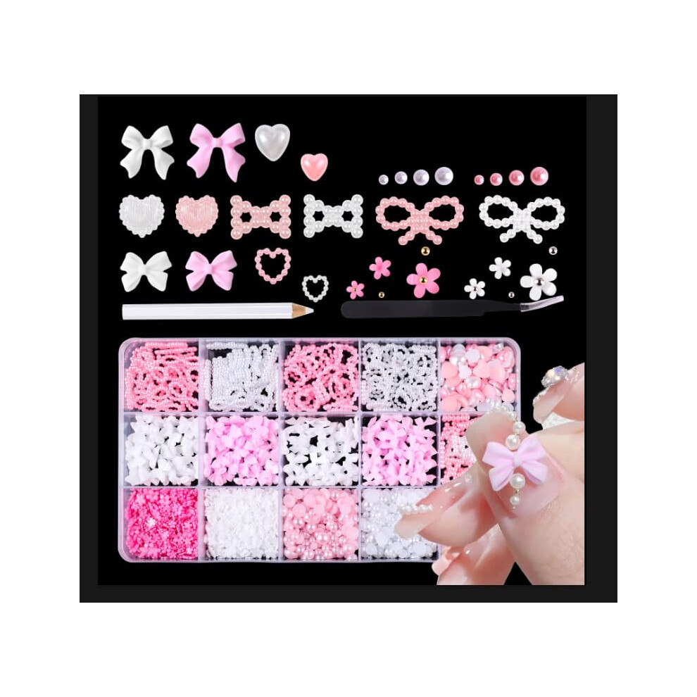 Pink/White 1000Pcs 3D Nail Charms Set And Flatback Nail Art Decorations With Tweezers And Pearls