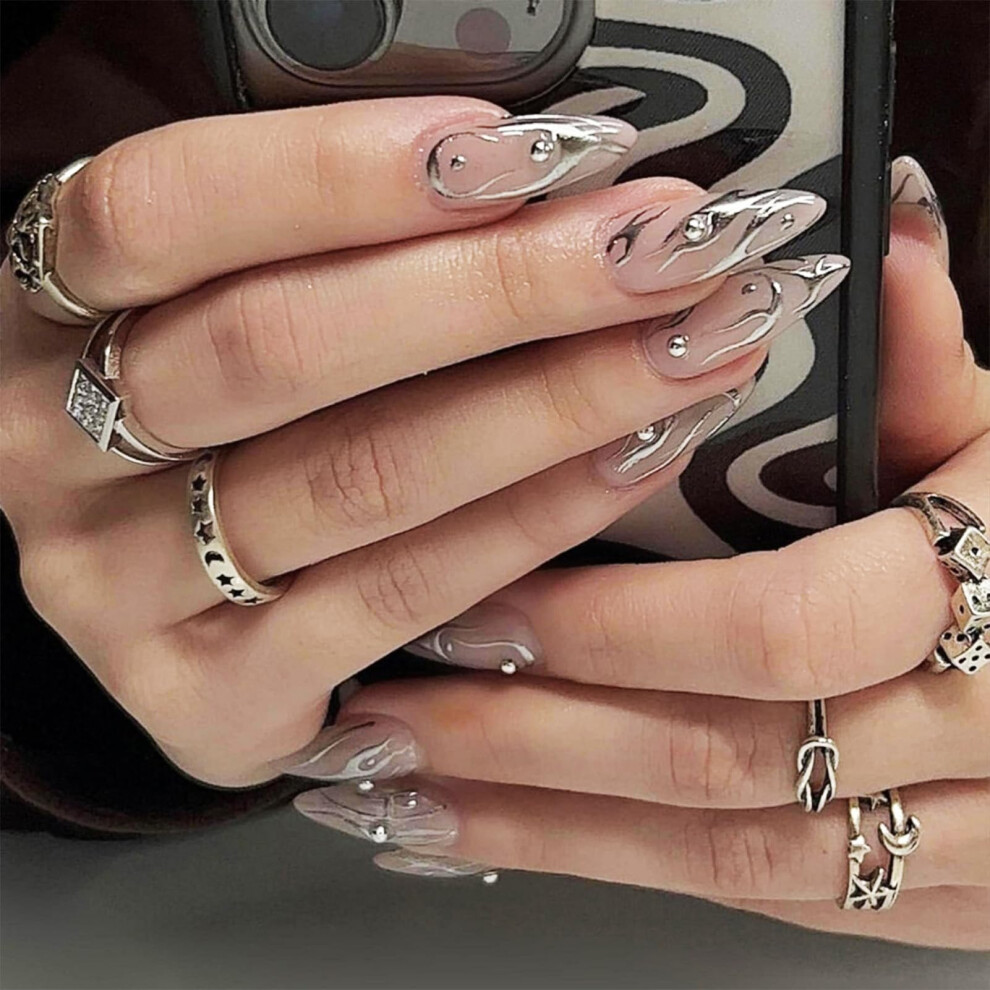 Long Stiletto Press On Nails with Rhinestones, Silver Pearl Design, 24pcs Reusable Fake Nails Set