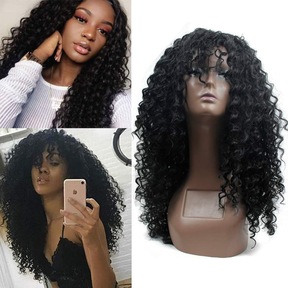 Unisex Black Curly Wig For Women Long Afro Deep Curly Wig With Bangs Density Synthetic True
