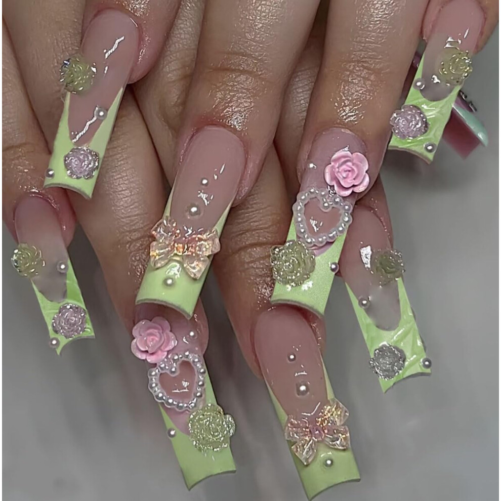 24 Pcs Long Coffin Press on Nails Green French Tip with 3D Rhinestones and Bow Nail Art