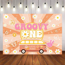 Groovy One -taustakuva hippien ensimmäisen syntymäpäivän koristeita tytöille, pinkki boheemi päivänkakkara, Groovy-syntymäpäiväjuhlien