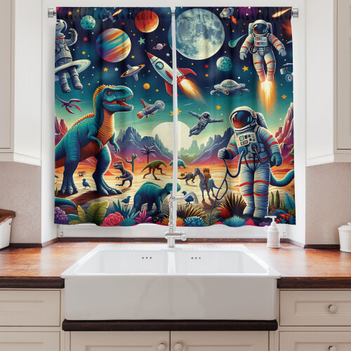 Ambesonne Outer Space Kitchen Curtains, Surreal Astronaut Moon, 55"x36", Multicolor Teal Red 1