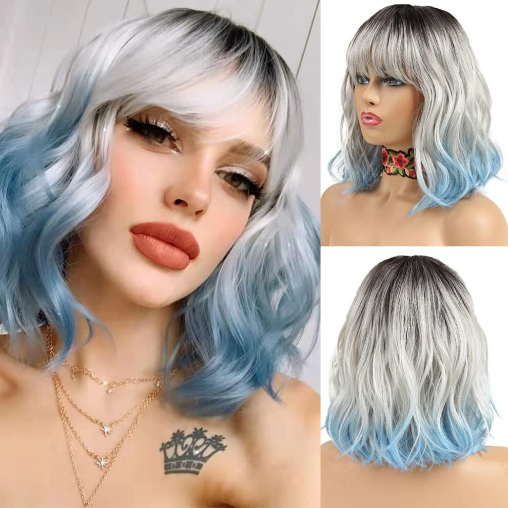 Unisex Blue,Silver Blue Bob Wig With Bangs 12 Inch Synthetic Heat Resistant Silver Blue Wavy Cosplay Hairstyle