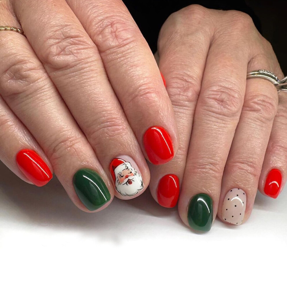 Christmas Press On Nails Short Square with Santa and Festive Designs, Reusable Glue On Set 24Pcs