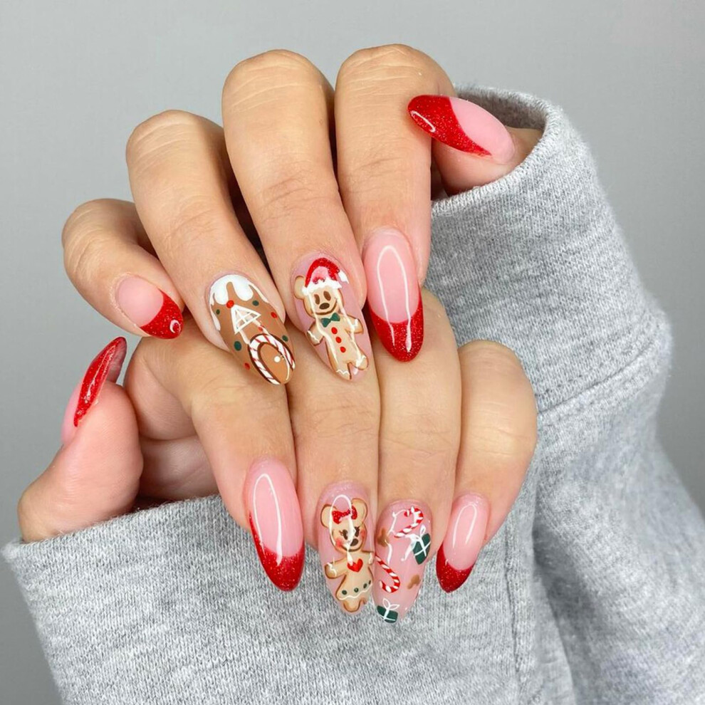 Christmas Almond Press On Nails with Glue, Gingerbread Man Holiday Fake Acrylic Nail Tips 24pcs