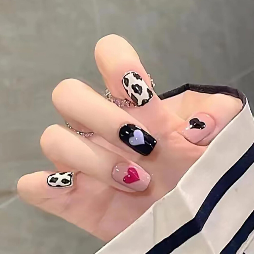 Black French Tip Press On Nails with Heart Design, Medium Square False Nails Set of 24