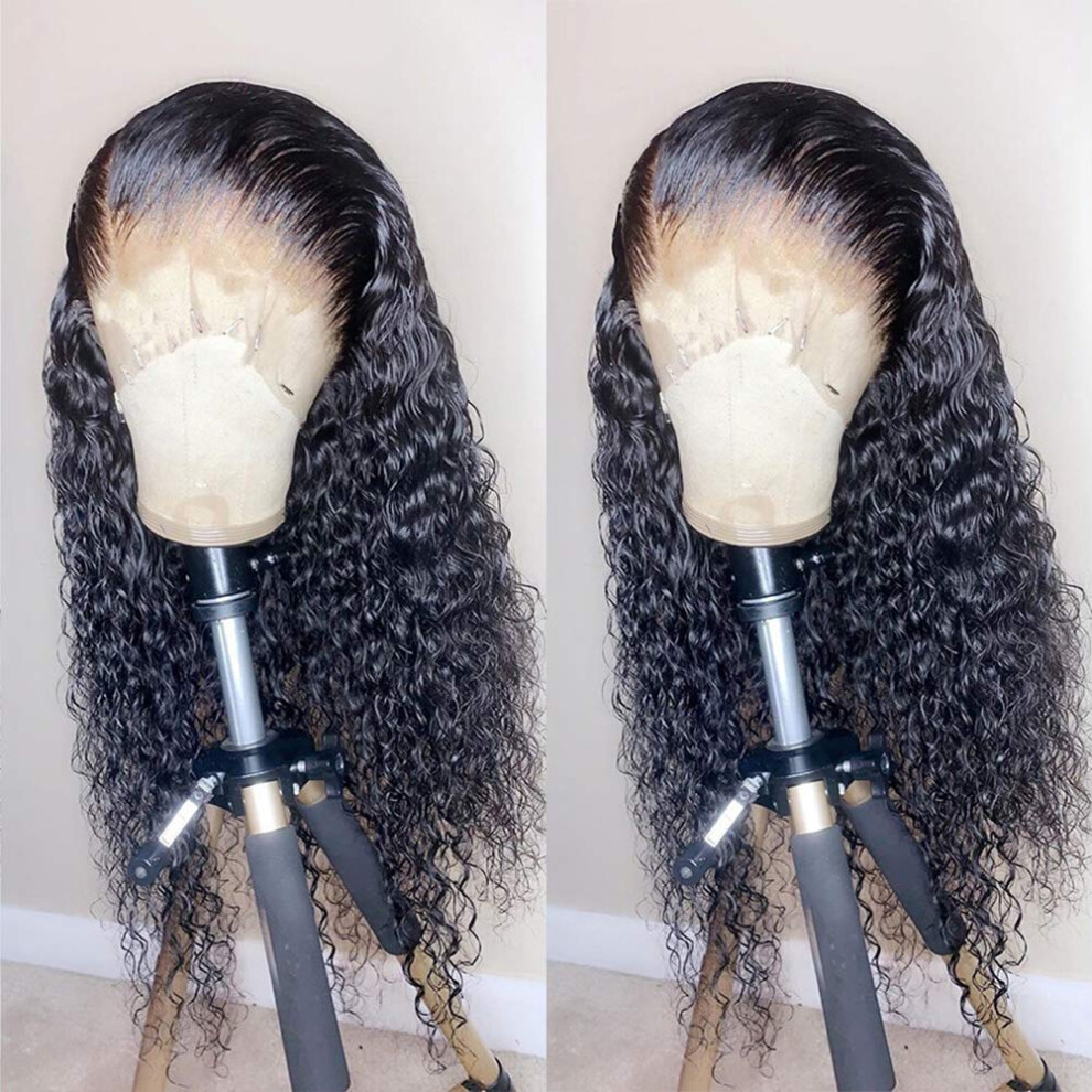 Unisex Black Brazilian Virgin Curly Lace Front Wig 20 Inch Human Hair 13X6 Pre Plucked With Baby Hair Natural