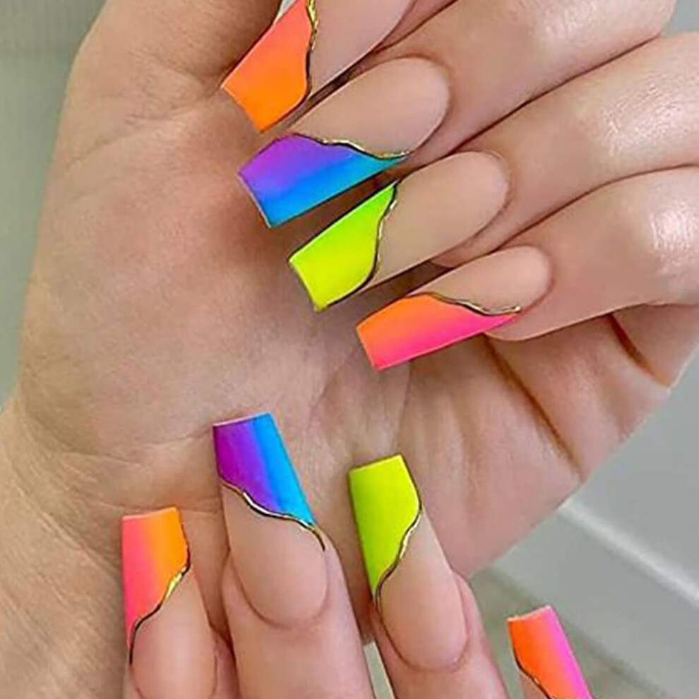 Long Coffin Matte Press on Nails with Colorful Rainbow French Tips Fake Acrylic Nails 24 Pcs