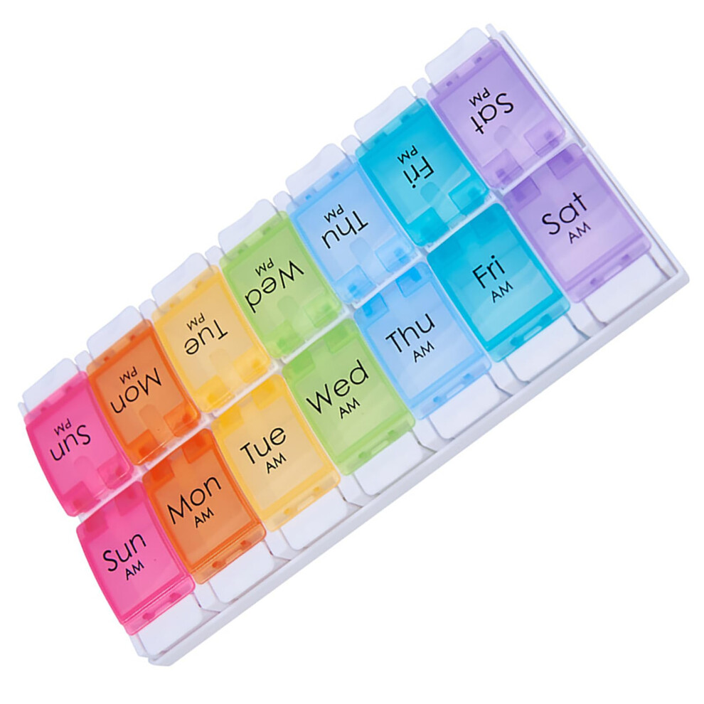 Weekly Pill Organizer AM PM 14 Compartments Push Open Design with Detachable Rows Travel Friendly