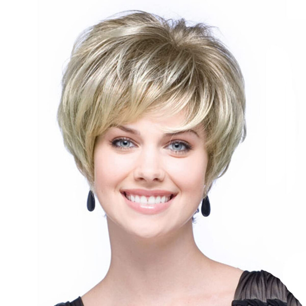 Unisex Dark Short Blonde Pixie Cut Ombre Wig With Bangs Roots Heat Resistant Synthetic For Women