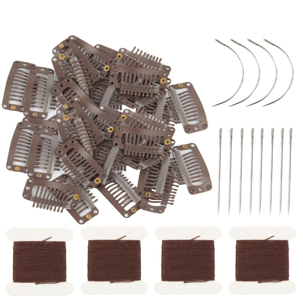 Unisex Brown 50Pcs Dark 9 Teeth Wig Clips Hair Extension Clips Stainless Steel With Sewing Kit