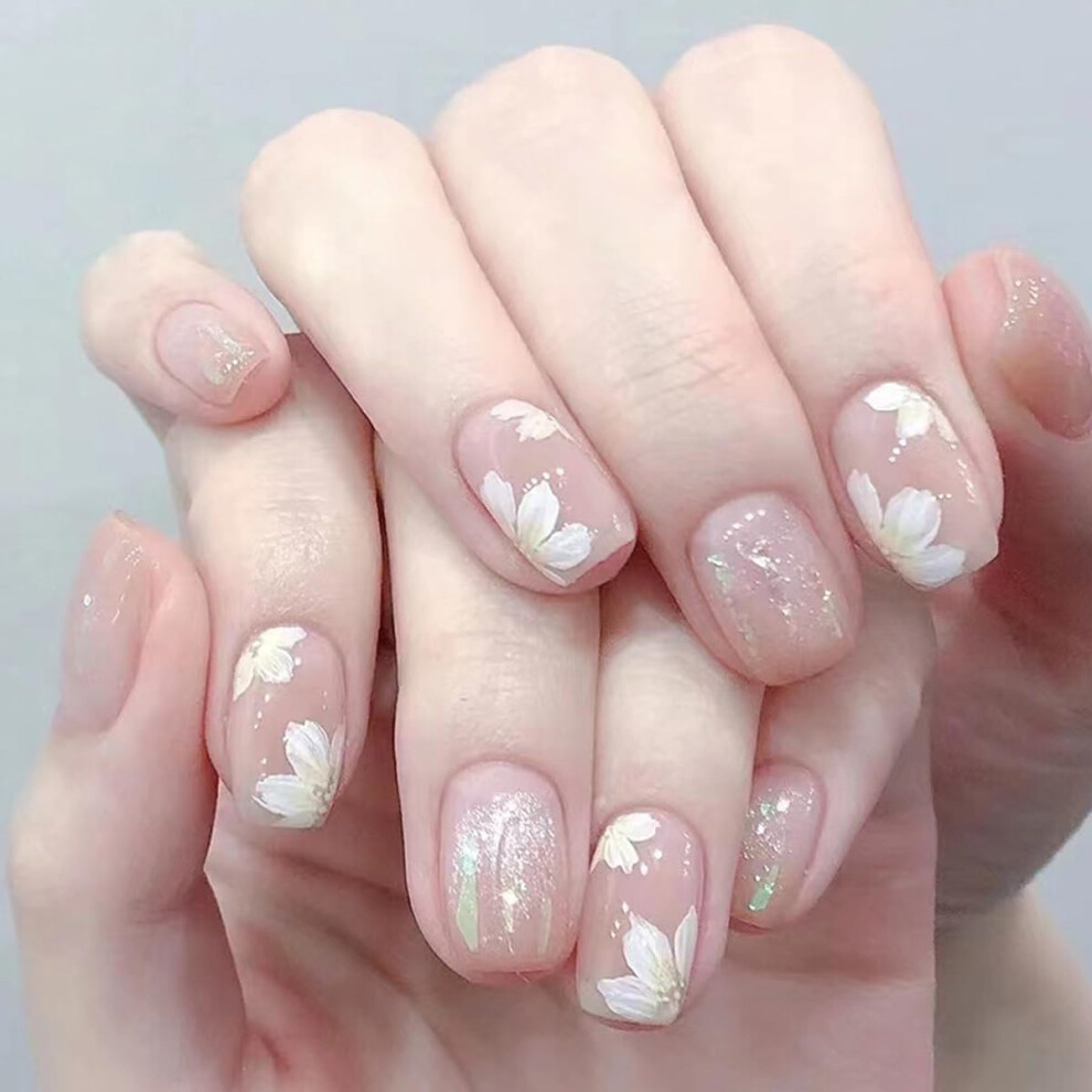 White,Cream 24Pcs Short Square Press On Nails Nude Gradient With White Flower Design Glossy Acrylic Fake Nails