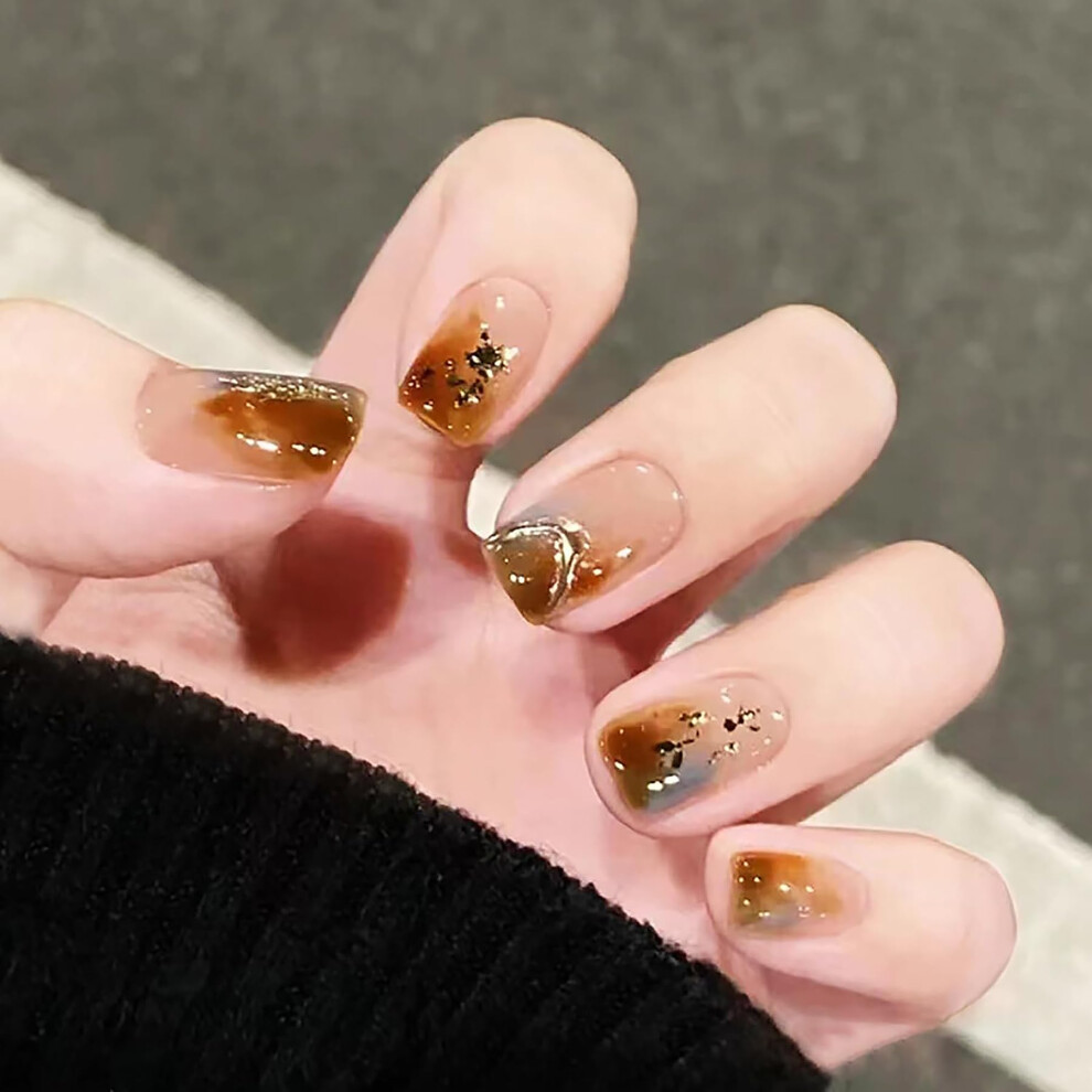 Red Gradient Gold Floral Short Square Press On Nails 24pcs Instant Salon Look for Women
