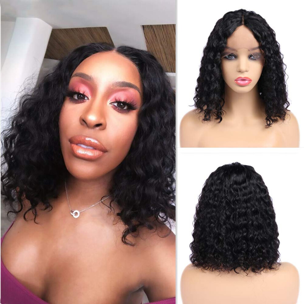 Unisex Black 12 Inch Curly Human Hair Wig With Bangs Brazilian Virgin Glueless Natural Wave Style
