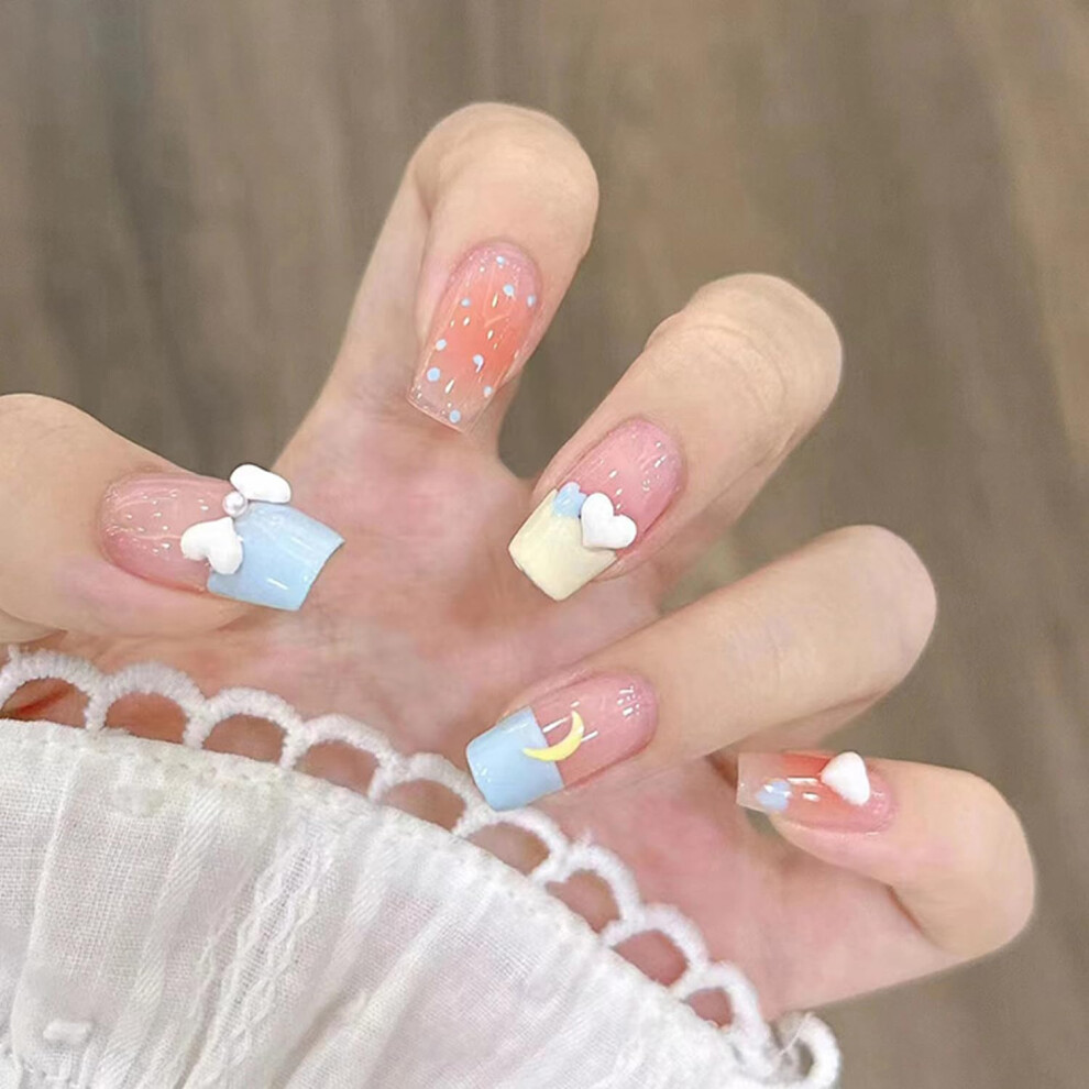 Medium Coffin Press On Nails with Heart Moon French Tips, Reusable Glue On Nails Kit